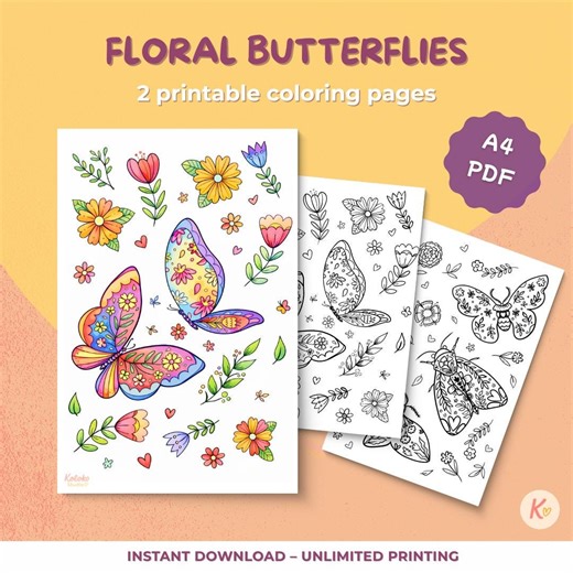 Butterfly Coloring Pages Printable PDF – Set of 2 Floral Spring Coloring Pages for Kids & Adults – Relaxing Coloring – Instant Download - Etsy