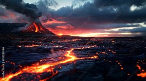 Lava flowing down a volcano, molten rock moving and cooling as it descends