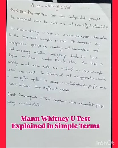 Priyanka on Instagram: "📍Hook What do you do when two groups must be compared but the data is not normally distributed? That is where the Mann Whitney U test steps in. Caption The Mann Whitney U test is a non parametric alternative to the independent sample t test. It is used to compare two independent groups when data is ordinal or does not meet the assumption of normality. 📍Description The Mann Whitney U test compares the distribution of ranks between two independent groups. Instead of compa