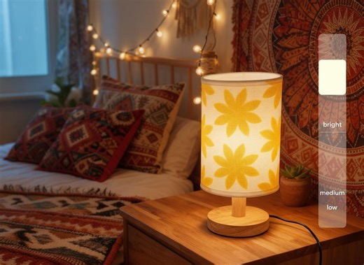 Wood Bedside Table Lamp, Yellow Flower Shade, 3-level Brightness - Etsy