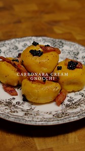 Carbonara Cream Gnocchi Sweet potato gnocchi, filled with a Carbonara cream, and served with crispy guanciale and truffle pearls. Ingredients: (serves 2-4) Gnocchi Dough: 1 Sweet Potato (normal size) 300g - 350g Plain Flour (depends on the potato size) 1 Egg Yolk Salt (a pinch) Carbonara Filling: 5tbsp Bistrot 75 Carbonara Base Sauce (Dical House) 4tbsp Pecorino Romano Cheese (grated) Freshly Ground Pepper (to taste) 200g Guanciale (thinly sliced) Black Truffle Pearls (Dical House) Full recipe &