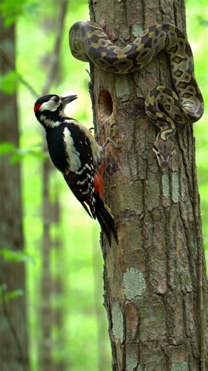 Woodpecker vs Python on Tree 🐍🐦 | Intense Wildlife Encounter