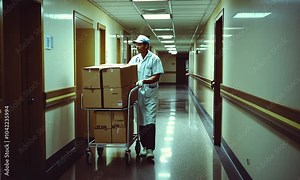 Man Pushing Cart of Boxes in Hospital Corridor