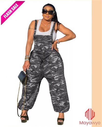 Casual Camouflage Square Neck Overalls