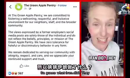 一个美国女人，对着镜头拍视频狂欢。她在庆祝一名美国飞行员被击落。飞行员掉在伊朗，生死未卜。她人在密歇根，却在替伊朗算账。她在视频里说，战争就是抓人质当筹码。她甚至盼着伊朗兑现重金悬赏。“我简直等不及了。”她希望抓到这名美军的人能分到金银珠宝，一夜暴富。这名极左翼女子叫Melissa Halverson。她原本在一家叫Green Apple Pantry的机构当行政助理。现在不用当了。视频传开后，她已被机构扫地出门。给敌国叫好的人，先砸了自己的饭碗。