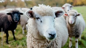 A close-up shot of several sheep, including one black sheep and three white sheep, standing in a grassy pasture during the day. The sheep have a calm demeanor with a natural background of green grass