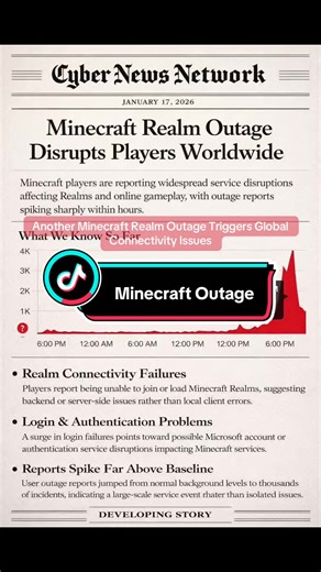 Thousands of players reported widespread disruptions to Minecraft Realms on January 17, 2026, with sharp spikes in outage complaints tied to login failures and server connectivity problems. The incident points to a large-scale backend or authentication service disruption rather than individual user errors.