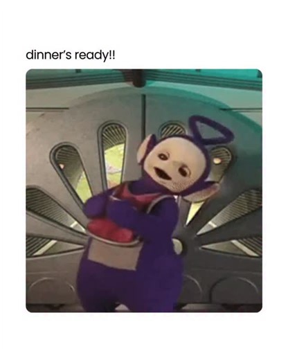 Teletubbies on Instagram: "when the food hits the table 🏃‍♂️‍➡️ #TeletubbiesFoodFun GIF: Tinky Winky, the purple Teletubby, running with Tubby Custard. Text above says “dinner’s ready!!”."