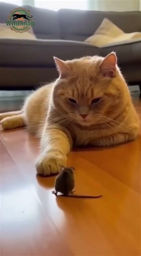 Cat gently plays with mouse