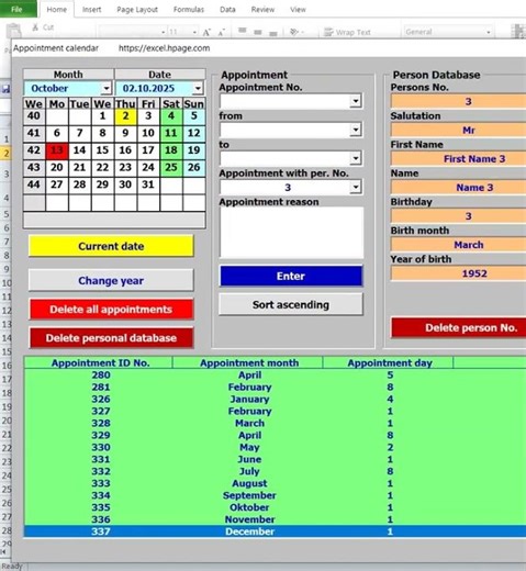 List of all appointments made for the selected person Appointment calendar with pictures in Excel