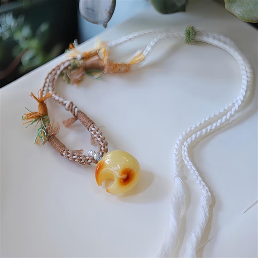 Amber Moon Pendant, Hand-braided Necklace With Pearl Accents - Etsy