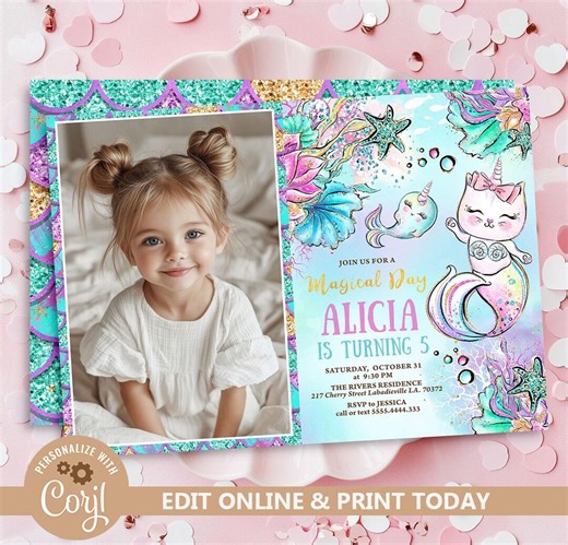 Caticorn Mermaid Birthday Party Invitation: Under the Sea Birthday Theme, Magical Unicorn (editable Template) - Etsy