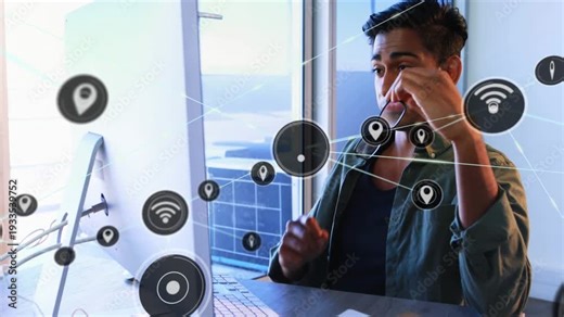 Tech analyst typing on keyboard, analyzing network, causing floating wifi and map pins in front