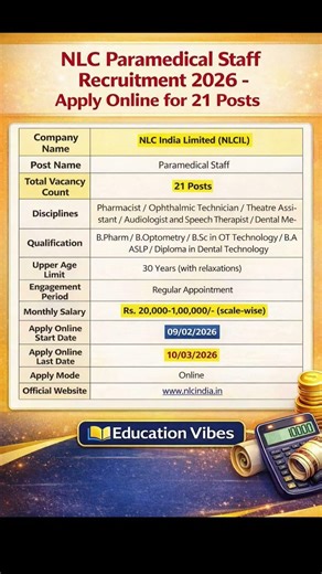 NLC Paramedical Vacancy 2026 | Salary Up To ₹1,00,000 #nlcindia #paramedical_exam #newvacancy
