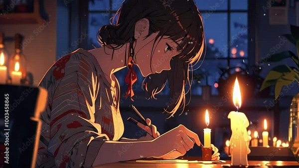A lofi girl deeply immersed in writing by candlelight, creating a serene and contemplative atmosphere seamless loop animation created with generative ai