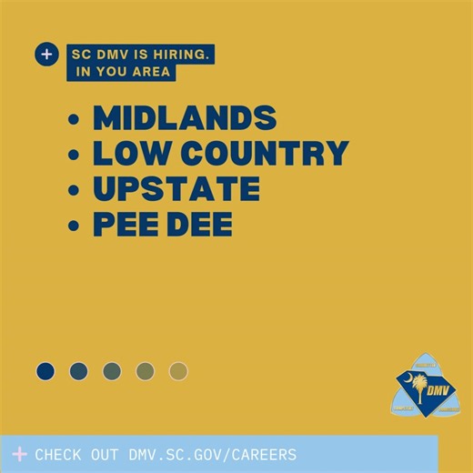 The #SCDMV is hiring multiple positions across the state! These positions are steppingstones to amazing benefits and opportunities with our #SCDMVteam. See what's available: www.DMV.sc.gov/careers | South Carolina Department of Motor Vehicles