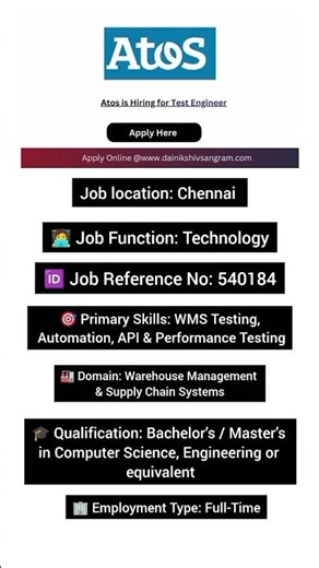 Atos is Hiring for Test Engineer #softwaretestingjobs#softwaretesting#softwaretester #shorts