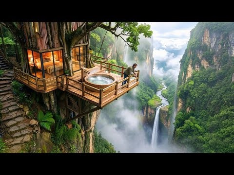 Extreme Tree House Build Above a Waterfall (Relaxing ASMR)