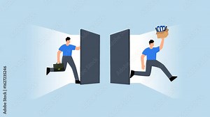 job rotation in people management, 4k animation of entrepreneur arrives at workplace as colleagues depart for new positions.