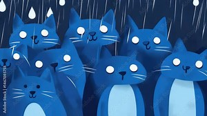 Blue cartoon cats in the rain with sad expressions, illustrating the concept of blue monday