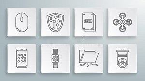 Set Line Mobile and Graphic Password Protection, Cyber Security, Smartwatch, Folder Lock, Video Card, SSD, Drone and Stock Illustration - Illustration of outline, document: 251353480