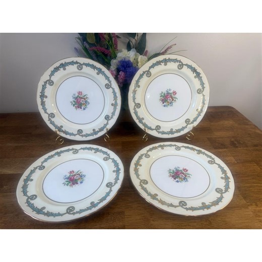 Aynsley England Bone China Dinner Plates Set of 4 Blue Scroll Floral Gold Trim - Etsy UK