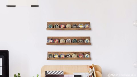 MyGift Challenge Coin Display Wall Mounted Military Challenge Coin Display Holder and Coin Collection Ledge Shelf Rack, Rustic Dark Burnt Wood Floating Shelves, Set of 3