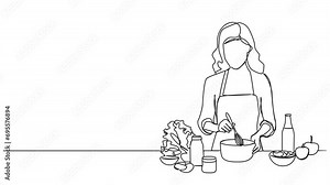 animated continuous single line drawing of woman preparing food in kitchen, line art animation