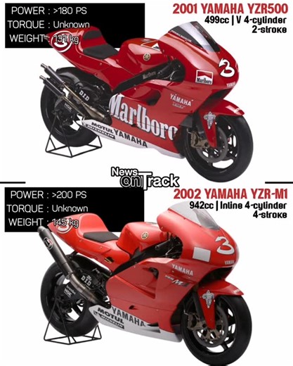 News on Track on Instagram: "The 2001 Yamaha YZR500 was the culmination of Yamaha's long-running 500cc two-stroke Grand Prix program, featuring a V4 engine producing around 190-200 horsepower. It delivered explosive, peaky power with a narrow band, requiring precise throttle control and rewarding skilled riders with razor-sharp acceleration but punishing mistakes harshly. In contrast, the 2002 Yamaha YZR-M1 marked the shift to four-stroke MotoGP rules, using a 990cc inline-four engine (initially