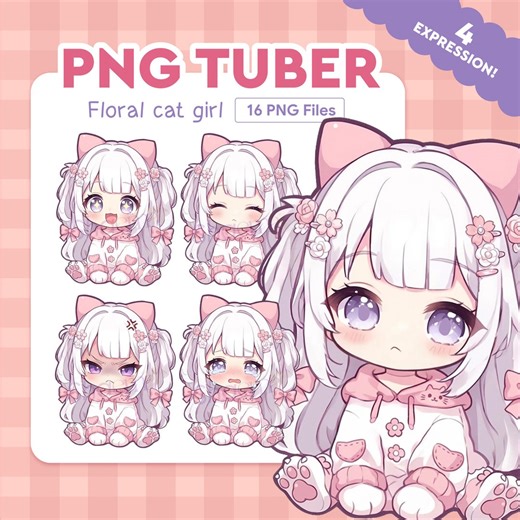White Haired Pngtuber Floral Cat Girl: Chibi Anime Vtuber | 4 Expressions 16 PNG Files | Veadotube Ready - Etsy