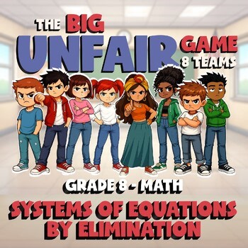 Systems of Equations by Elimination BIG UNFAIR Math Game - No Prep Grade 8