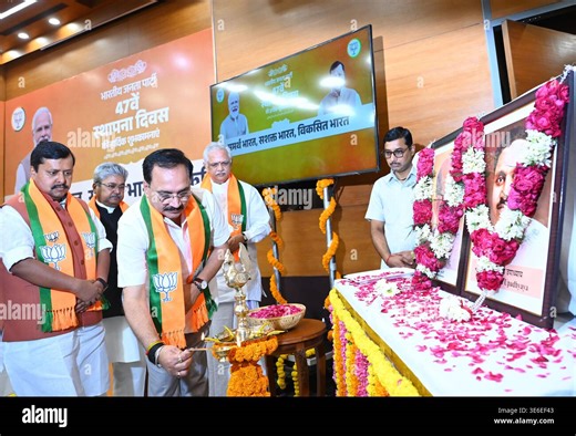 NEW DELHI, INDIA - APRIL 6: Delhi BJP President  Virendra Sachdeva along with BJP National President Nitin Nabin and BJP Sr. Leaders Light the Lamp in front of Shyama Prasad Mukherjee and Pandit Deendayal Upadhyaya Portrait on the occasion of party's 47th foundation day, at party headquarters on April 6, 2026 in New Delhi, India. (Photo by Sonu Mehta/Hindustan Times/Sipa USA Stock Photo - Alamy