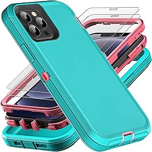 for iPhone 12/12 Pro Case, Military Grade 3 in 1 Heavy Duty Shockproof/Drop Proof/Dust Proof with 2Pcs Tempered Glass Screen Protector (Aqua Blue/Pink)