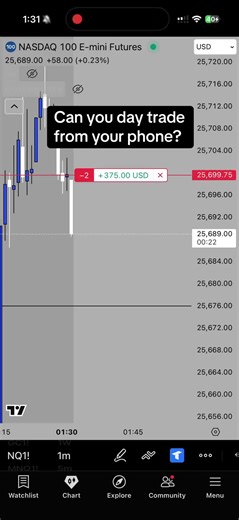 A lot of ppl ask if you can trade from your phone. Yes. You do not need an elaborate setup. You can use TradingView mobile app on your phone and connect it to your broker/prop firm like Tradovate, webull, etc. #daytrader #tradingforbeginners #tradingtips