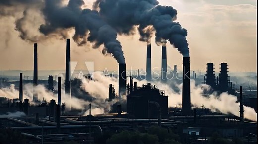 The footage shows a factory emitting thick black smoke from multiple smokestacks, highlighting the severe impact of industrial pollution on air quality.