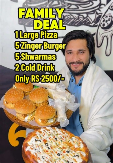 Family Deal… 1 Large Pizza.. 5 Zinger Burger 5 Shwarmas 2 Cold Drinks.. RS - 2500 Only Location - H2CAFE Andron Sarki Gate Near Tajmahal Kabap Peshawar. Contact - 0318 0910517. #h2cafe #familydeal #viral #challenge #deal