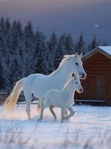 The Winter Horses That Don’t Look Real… ❄️🐎 A majestic white mare and her foal race through fresh snow — playful, powerful, and unreal. Then they slow down, curl up beside a warm cabin with lights glowing and smoke rising… like a moment from a documentary trailer. Watch till the end for the shot that hits the heart. white horses, mare and foal, horses in snow, winter wildlife, cinematic documentary, emotional animal scene, beautiful horses, majestic animals, cabin in the snow, cozy winter cabin