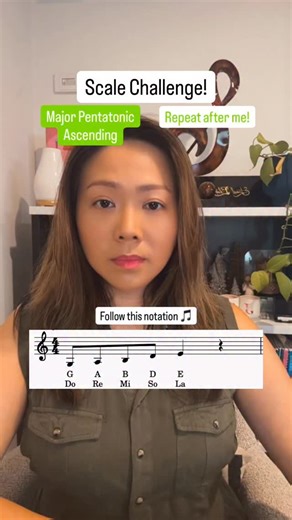 Here’s a Major Pentatonic challenge! Part 1 - Ascending It comes with Note Names, and Solfege using movable Do. G Major Pentatonic (5 note scale): G-A-B-D-E with a mix of steps and 3rds. Watch how the 3rds change as we shift upwards. Did you notice the last rep starting on E turned into the Minor Pentatonic? 🤩 Add music theory to your everyday practice, so you can level up along with your technique! #MLMusicStudio #TheEmpoweredSinger #SingerMusicianship #ScaleChallenge #Pentatonic | ML Music St