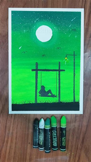 Green Moonlight Swing 🌙💚 | Oil Pastel Drawing | Aesthetic Night Art #art #oilpastel