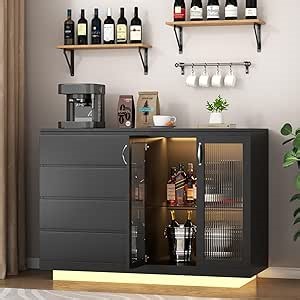 Wine Bar Cabinet with LED Lights, Home Coffee Bar Cabinet with 4 Drawers, Sideboard Buffet Cabinet with Storage, Liquor Cabinet with Adjustable Shelf for Dining Room, Living Room, Kitchen (Black)