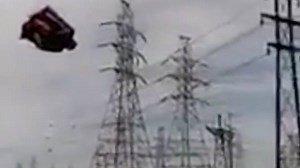 Bounce house goes airborne, hits power lines