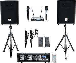 Rockville RPG2X10 Powered Bluetooth Mixer+(2) 10" Speakers+Stands+Wireless Mics