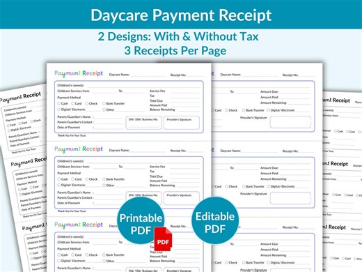 Daycare Payment Receipt Template | Child Care Receipt Printable | Childcare Payment Form | Editable & Printable PDF | With and Without Tax - Etsy