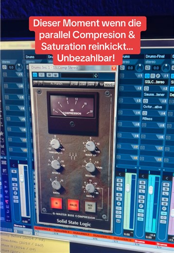 Der Moment in dem die parallel Compresion & Saturation alles zusammen bringt und der Sound saftig und fett wird… Unbezahlbar! 😍 #musikproduzent #producerlife #mixing #mixingengineer #parallelcompression