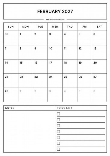 Printable February 2027 Calendar PDF | Free A4 & US Letter Templates | February 2027 Calendar PDF