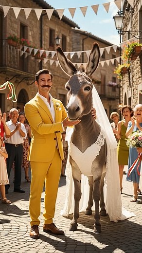 DonkDine on Instagram: "Bride Drop a Bomb in Village Wedding! 🌸🤣 #reels #aivideo #funny What do you get when a human groom hugs a donkey bride in a joyful village wedding? 🌸🐴 Amid cheers and flower petals falling all around, these two share a hilarious, heartwarming moment you won't want to miss! 😂 #animalcomedy #bride #wedding #village #funnyanimals #ai #donkey"