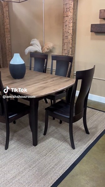 Canterbury Dining Table with Albany side chairs. Brown Maple with 2-tone stain. Elevate your dining room with this modern dining set. We ship to 48 States. You can order at amishshowroom.com #furniture #home #luxuryfurniture #elegant #modern #modernfarmhouse #diningtable #dining #diningroom #furnituredesign #solidwoodfurniture #handcrafted #handcraftedfurniture #thanksgivingvibes