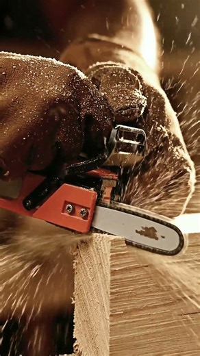 “Using a miniature chainsaw to cut wood while working.”