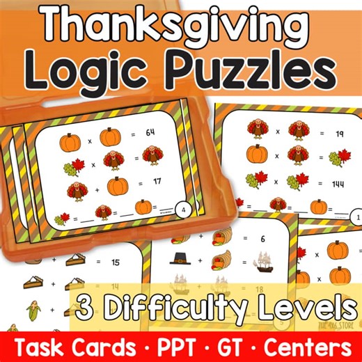 Thanksgiving Math Logic Puzzle Gifted & Talented Task Cards and PowerPoints