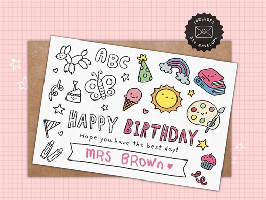 Teacher Birthday Card Printable, Personalized Coloring Card for Teacher, Coloring Birthday Card, Digital Download Teacher Birthday Gift - Etsy